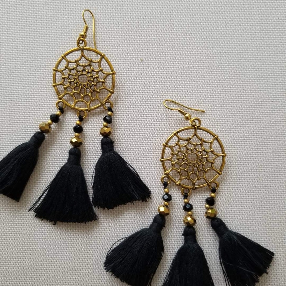 New Gold Tone and Black Dreamcatcher Tassel Earrings